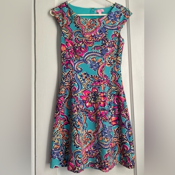 Lilly Pulitzer Turquoise/Pink Floral Print Sleeveless Sheath Dress. Size: XS - Picture 1 of 11